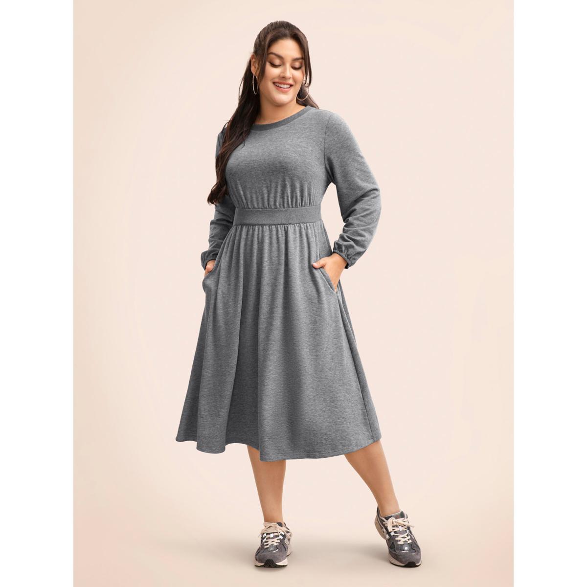 Plus Size Crew Neck Elastic Waist Midi Dress DarkGray Women Casual Patchwork Round Neck Long Sleeve Curvy BloomChic 22-24/3X Product Image