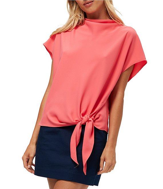 Trina Turk Bisque High Cowl Neck Short Sleeve Tie Front Top Product Image