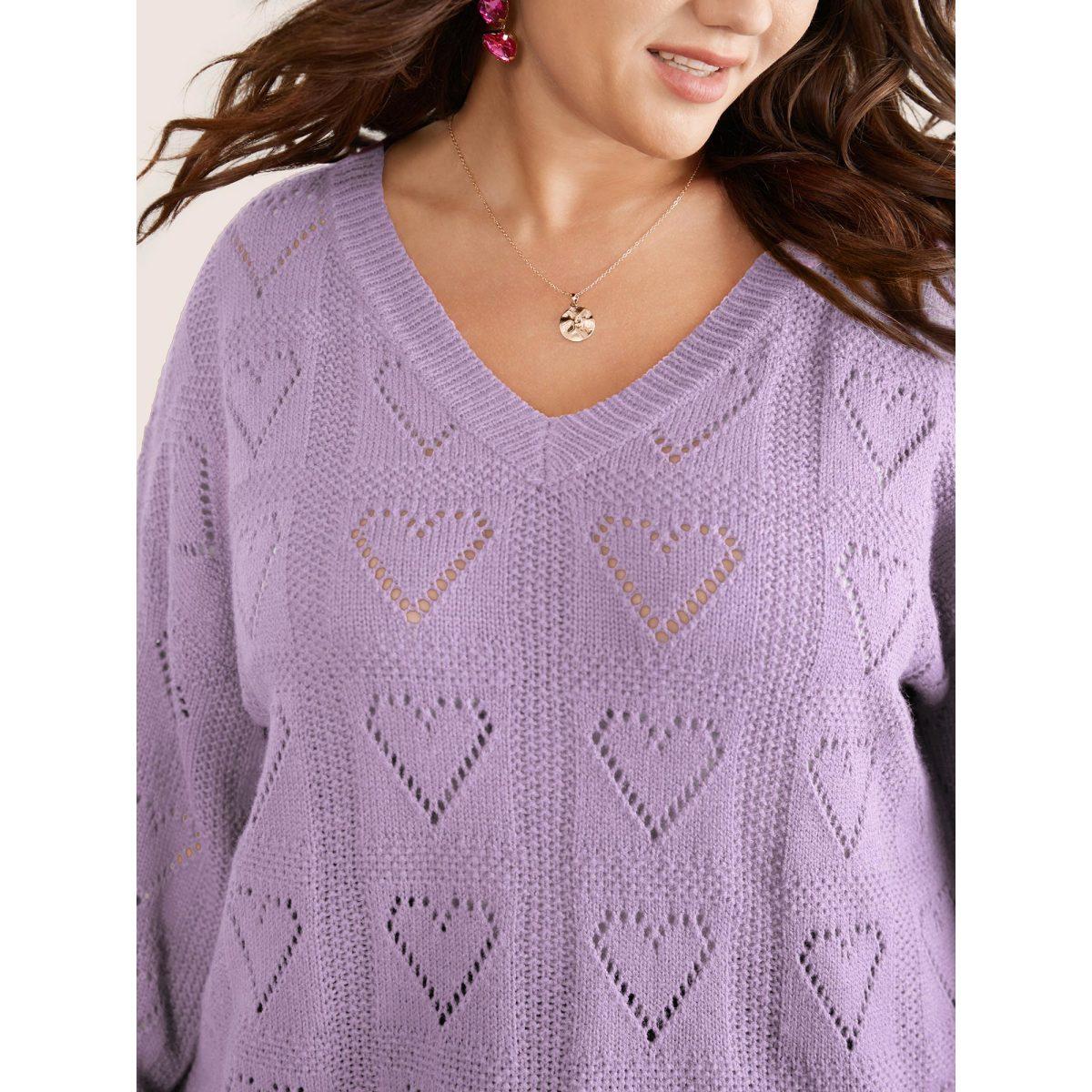 Plus Size Solid Heart Pointelle Lantern Sleeve Pullover Lilac Women Elegant Long Sleeve V-neck Everyday Pullovers BloomChic 28/5X Product Image