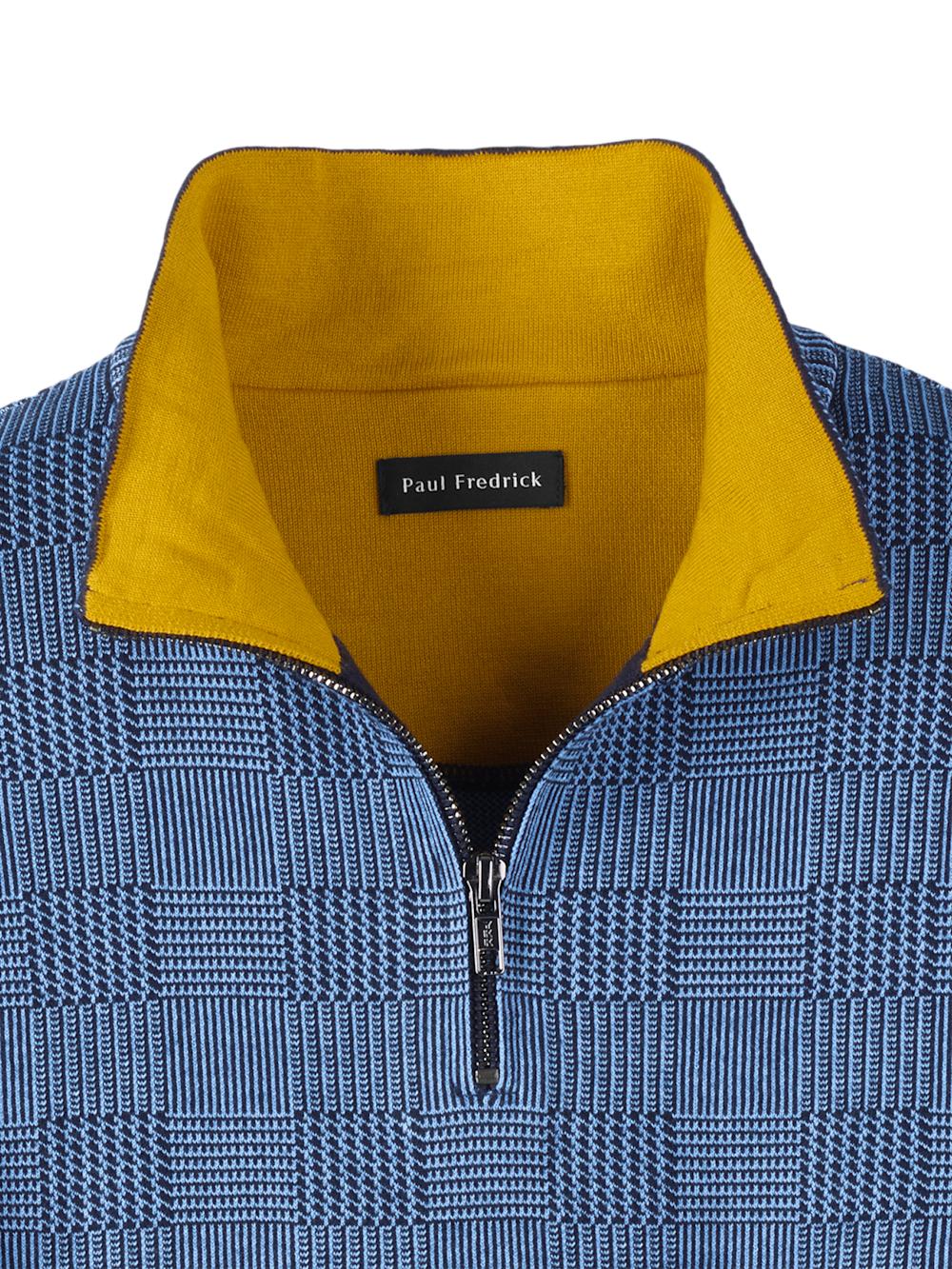 Cotton Quarter Zip Mock Neck Sweater - Blue/gold Product Image