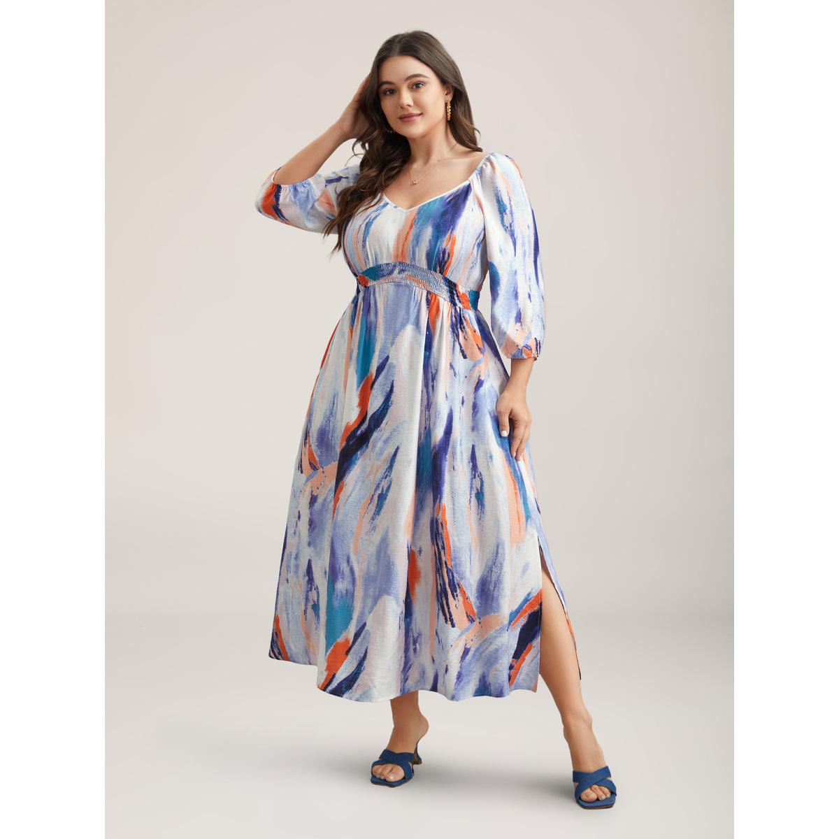 Plus Size Abstract Print Waist-Cinched Split Hem Maxi Dress Multicolor Women Romantic Gathered Heart neckline Elbow-length sleeve Curvy BloomChic 12/L Product Image