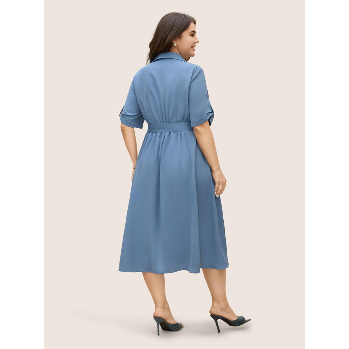 Plus Size Shirt Collar Tab Sleeve Split Hem Dress Stone Women At the Office Belted Shirt collar Half Sleeve Curvy BloomChic 18-20/2X Product Image