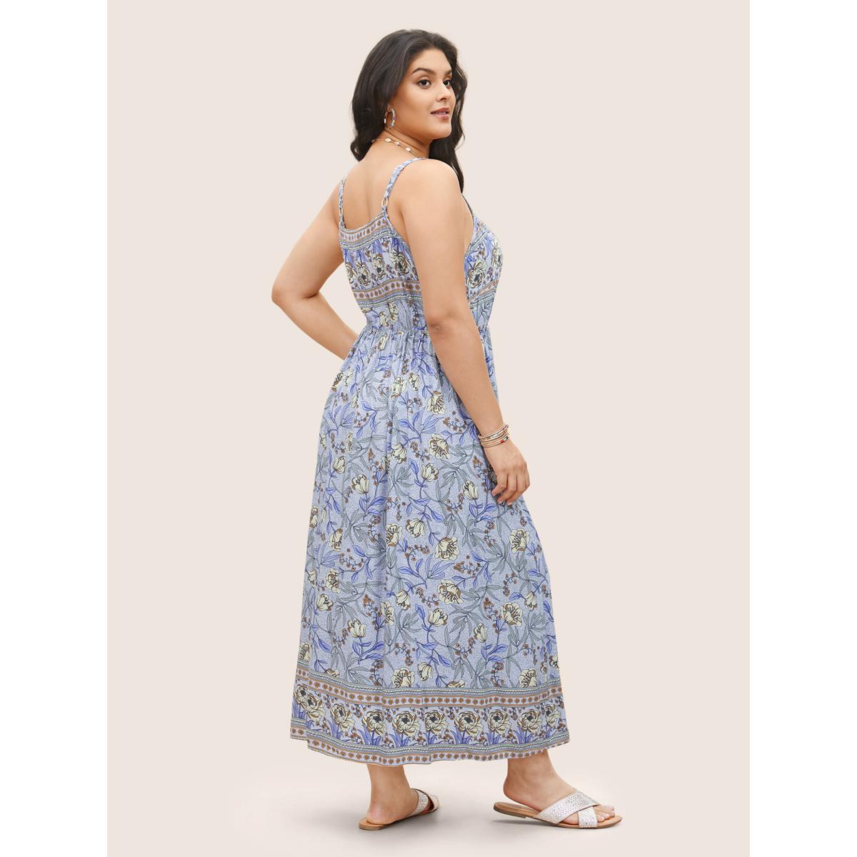 Plus Size Floral Elastic Waist Adjustable Straps Cami Dress Stone Women Resort Non Non Sleeveless Curvy Midi Dress BloomChic 12/L Product Image