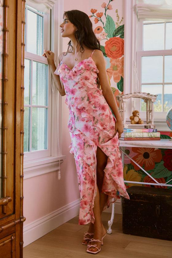 Dreamy Personality Pink Floral Ruffled Sleeveless Midi Dress Product Image