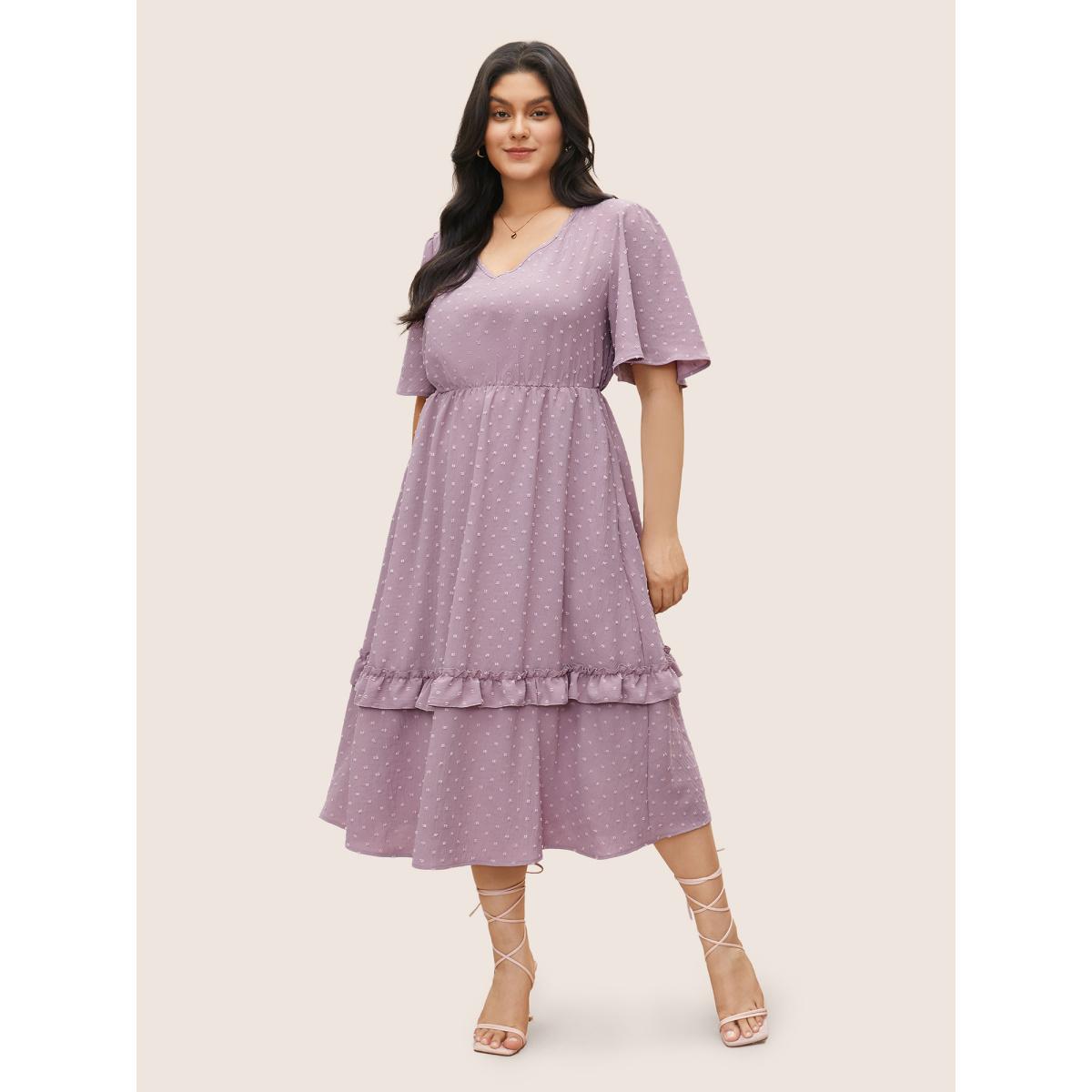 Polka Dot Shirred Plus Size Women Elegance Dress Plain Pocket Ruffle Sleeve Short Sleeve V Neck Pocket Dailywear Midi Dress BloomChic Product Image