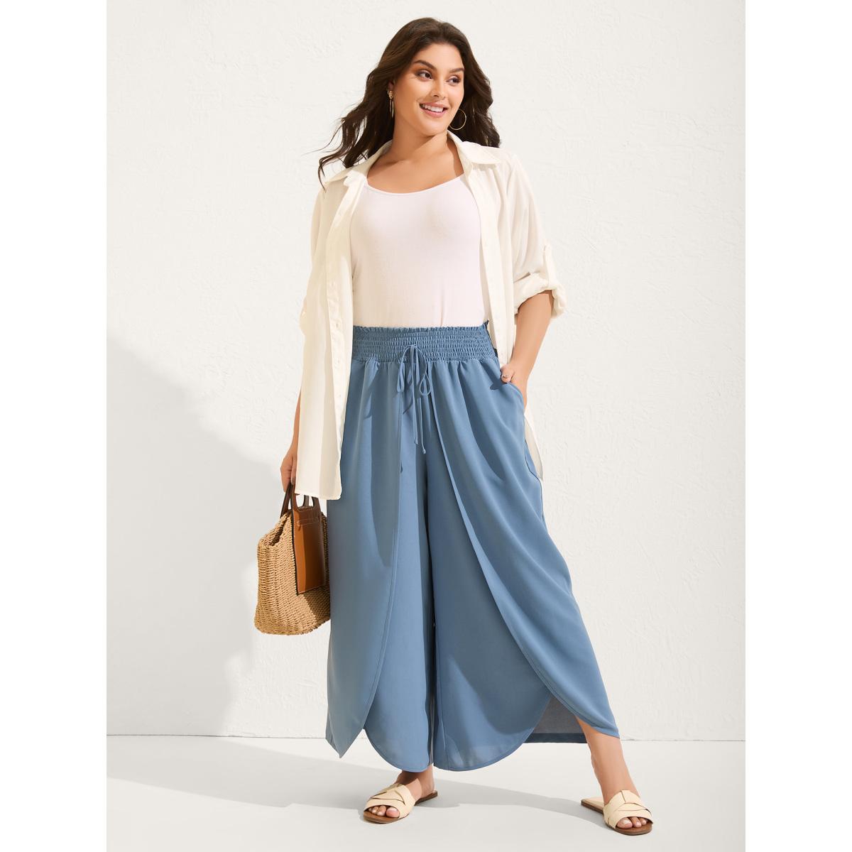 Plus Size Petal Hem Slit Wide-Leg Pants Women Stone Resort Wide Leg Mid Rise Vacation Pants BloomChic 30/6X Product Image