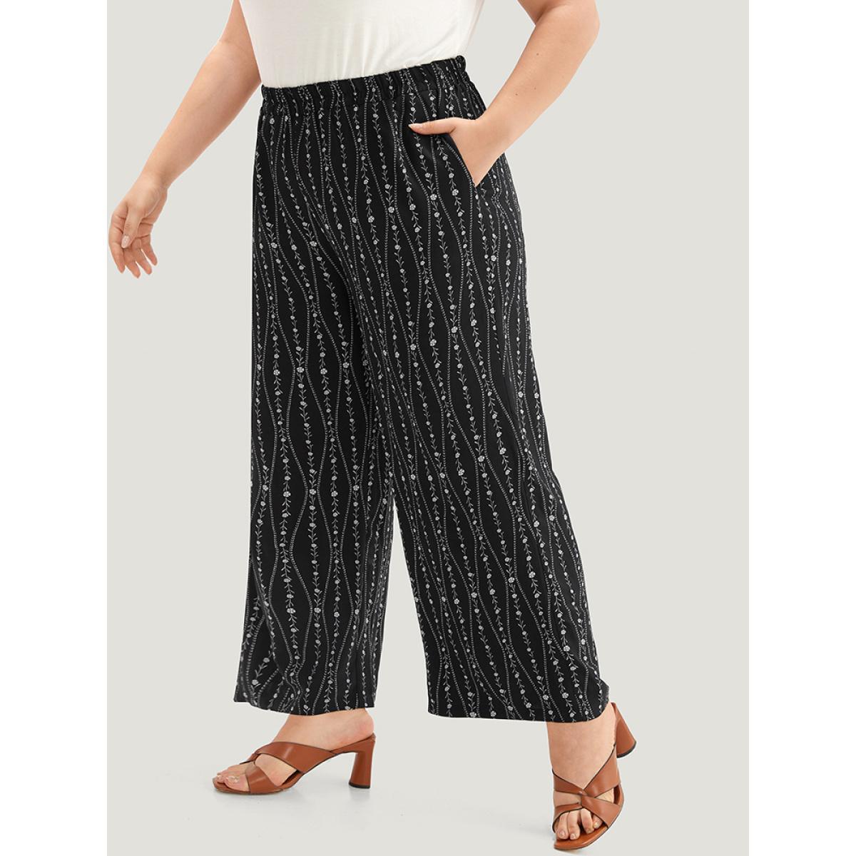 Plus Size Striped Ditsy Floral Elastic Waist Pants Women Black Vacation Straight Leg High Rise Dailywear Pants BloomChic 18-20/2X Product Image