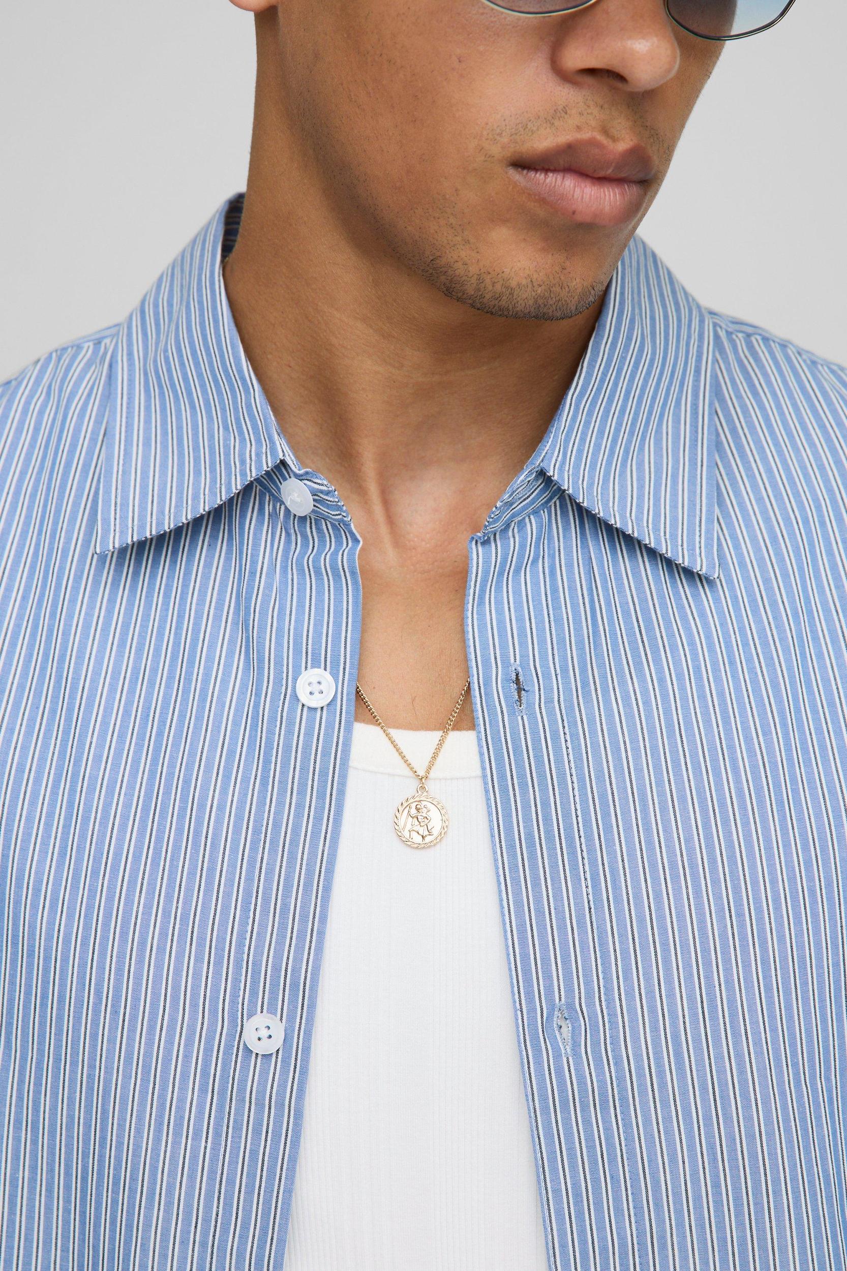 Oversized Half Sleeve Stripe Collared Shirt | boohooMAN USA Product Image