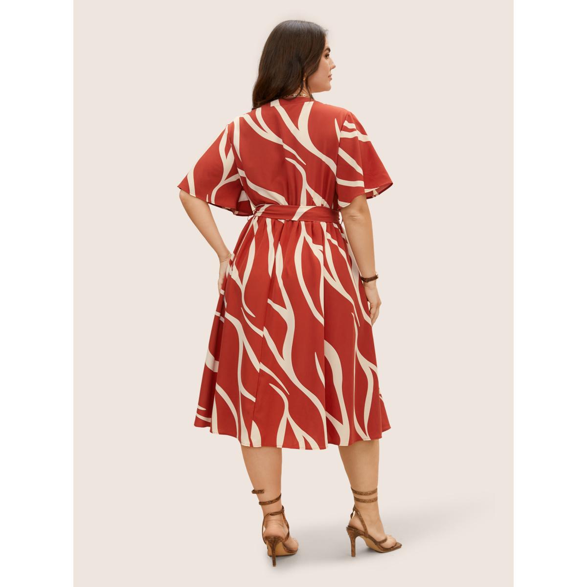 Plus Size Geometric Surplice Neck Tie Knot Midi Dress Rust Women Office Belted Flat collar with V-notch Short sleeve Curvy BloomChic 14-16/1X Product Image