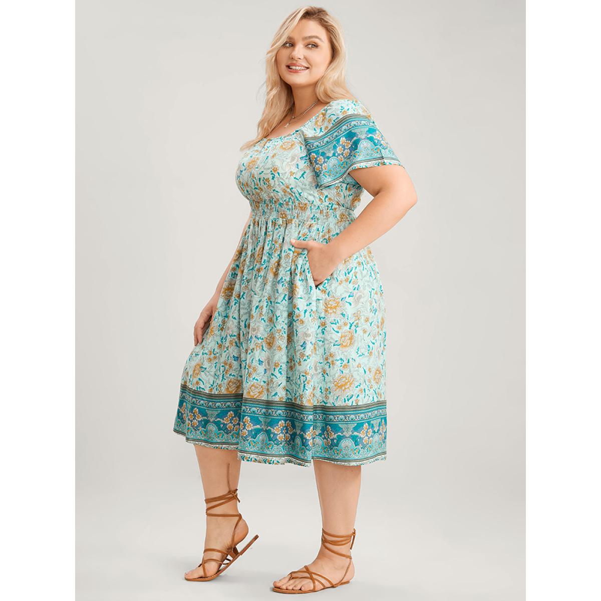 Plus Size Bandana Print Square Neck Pocket Ruffles Shirred Dress Turquoise Women Vacation Pocket Square Neck Short sleeve Curvy Knee Dress BloomChic 28/5X Product Image