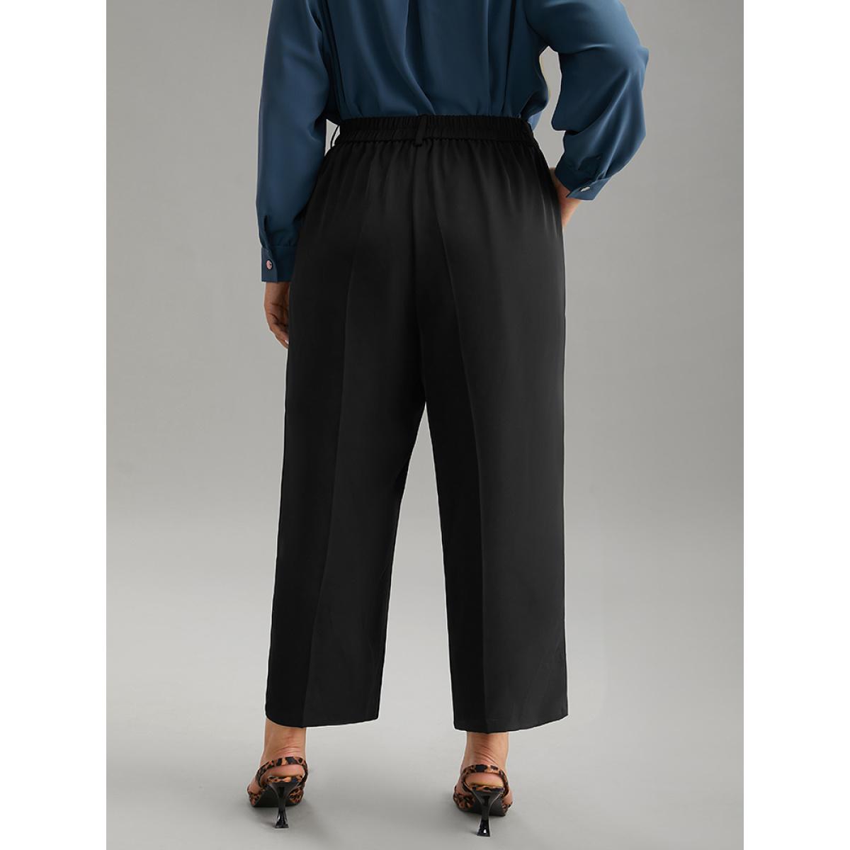Plus Size Static-Free Solid Seam Detail Button Up Pants Women Black Office Straight Leg High Rise Work Pants BloomChic 10/M Product Image