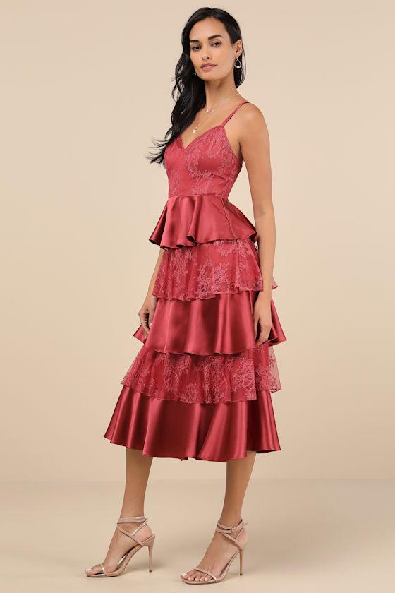 Deanna Rusty Rose Lace Satin Tiered Midi Dress Product Image