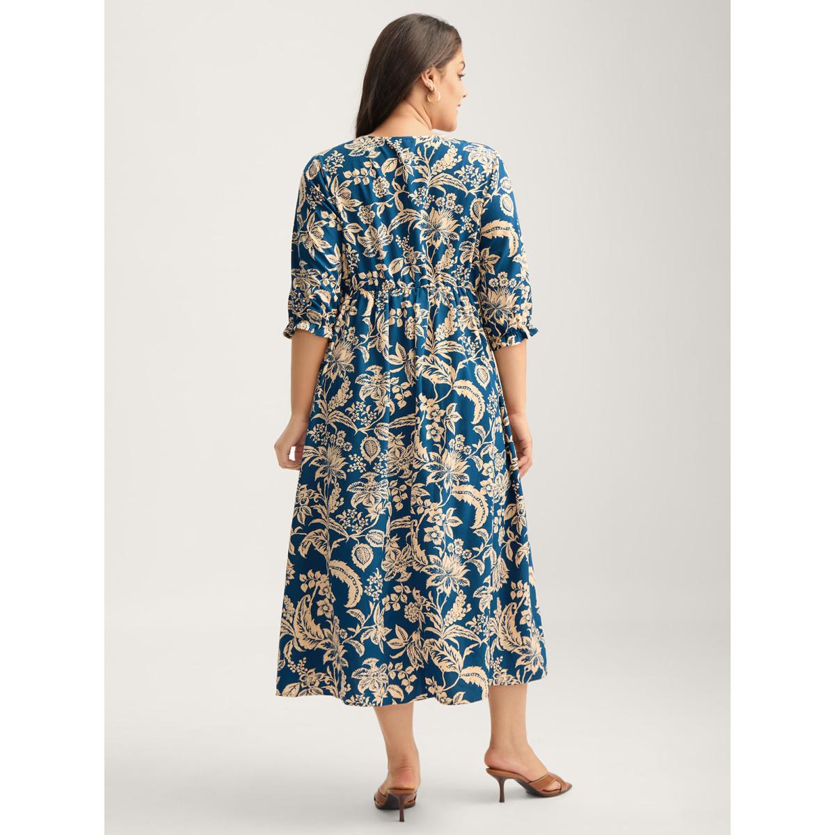 Plus Size Boho Floral Drawstring Pockets Midi Dress Mediumblue Women Resort V-neck Elbow-length sleeve Curvy BloomChic 30/6X Product Image