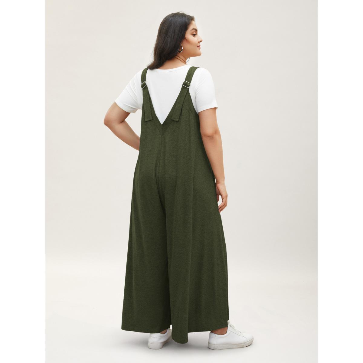Plus Size ArmyGreen Supersoft Essentials Solid Pocket Adjustable Straps Jumpsuit Women Casual Sleeveless Non Everyday Loose Jumpsuits BloomChic 10/M Product Image