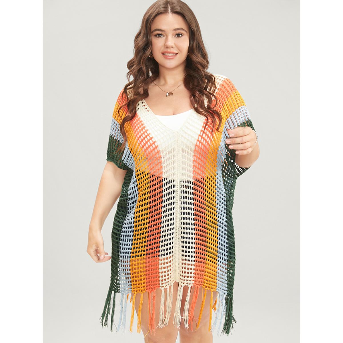 Plus Size Colorblock Contrast Dolman Sleeve Cut Out Tassels Hem Knit Top Multicolor Women Vacation Loose Sleeveless V-neck Dailywear Pullovers BloomChic 10/M Product Image