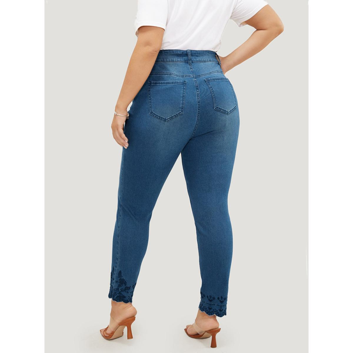 Plus Size Very Stretchy High Rise Medium Wash Embroidered Scalloped Hem Jeans Women Blue Casual Plain Embroidered High stretch Pocket Jeans BloomChic 12/L Product Image