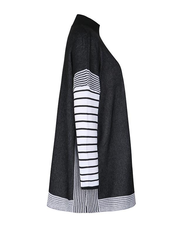 Long Sleeves Loose Contrast Color Striped Mock Neck Pullovers Sweater Tops Product Image