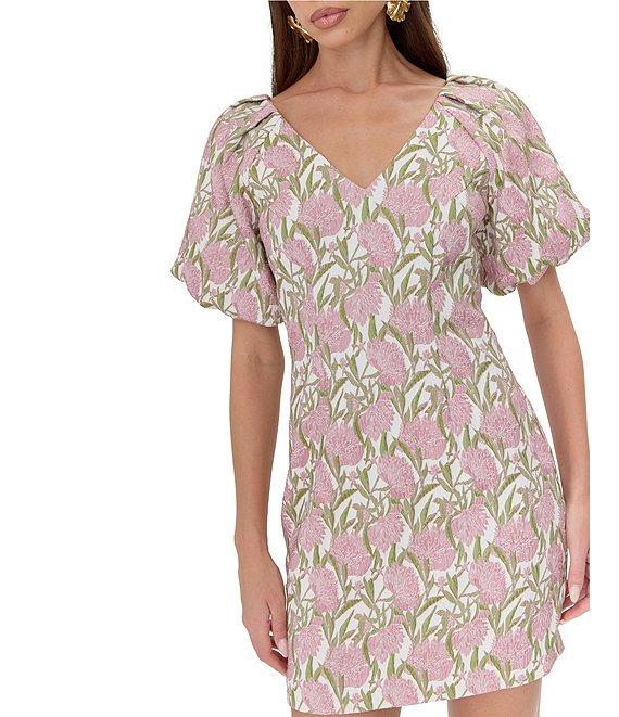 Adelyn Rae Jacquard Floral Print V Neck Short Sleeve Sheath Mini Dress Product Image