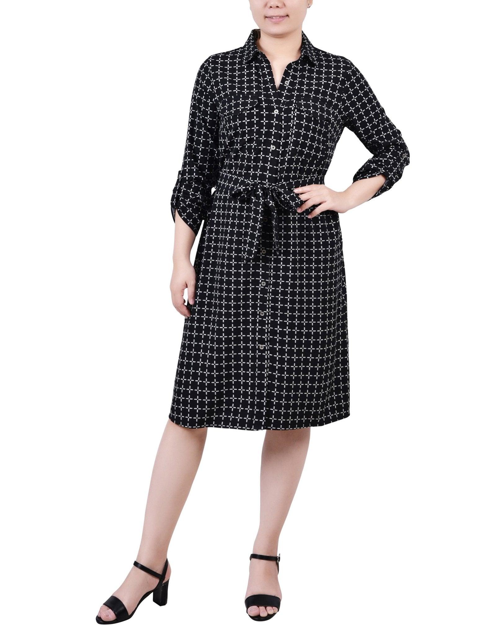 Cypress Inca Gold Navy Zigzag 3/4 Roll Tab Sleeve Belted Shirtdress - Petite Product Image