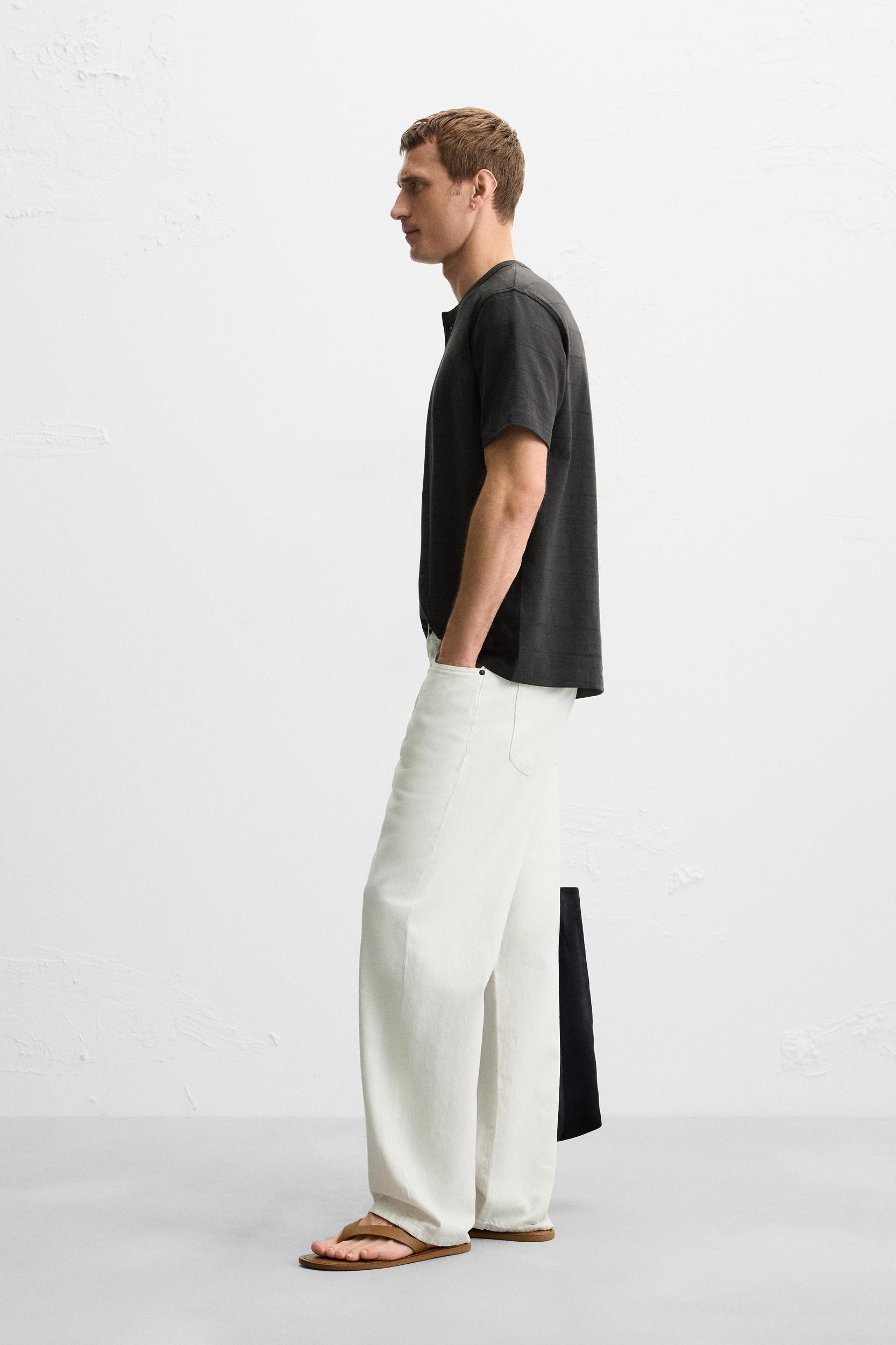 STRIPED BUTTON NECK T-SHIRT Product Image