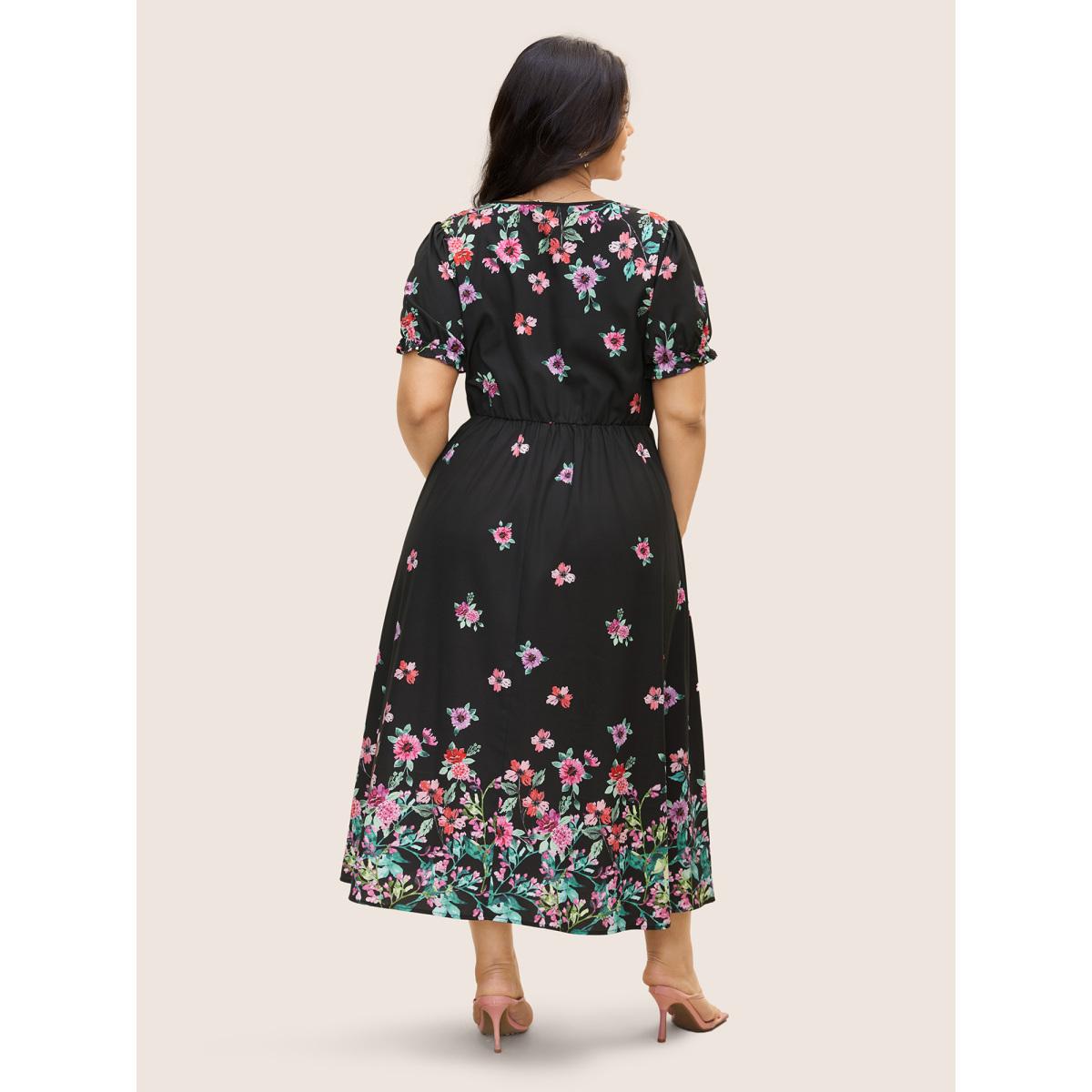 Plus Size Boho Print V Neck Elastic Waist Dress Black Women Elegant Gathered V-neck Short sleeve Curvy BloomChic 10/M Product Image