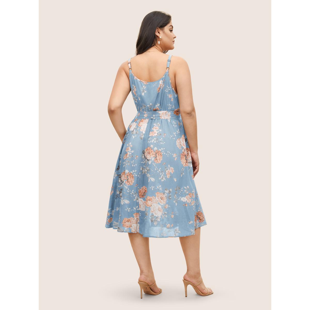 Plus Size Floral Wrap Elastic Waist Belted Sleeveless Dress LightBlue Women Elegant Non Spaghetti Strap Sleeveless Curvy Midi Dress BloomChic 14-16/1X Product Image