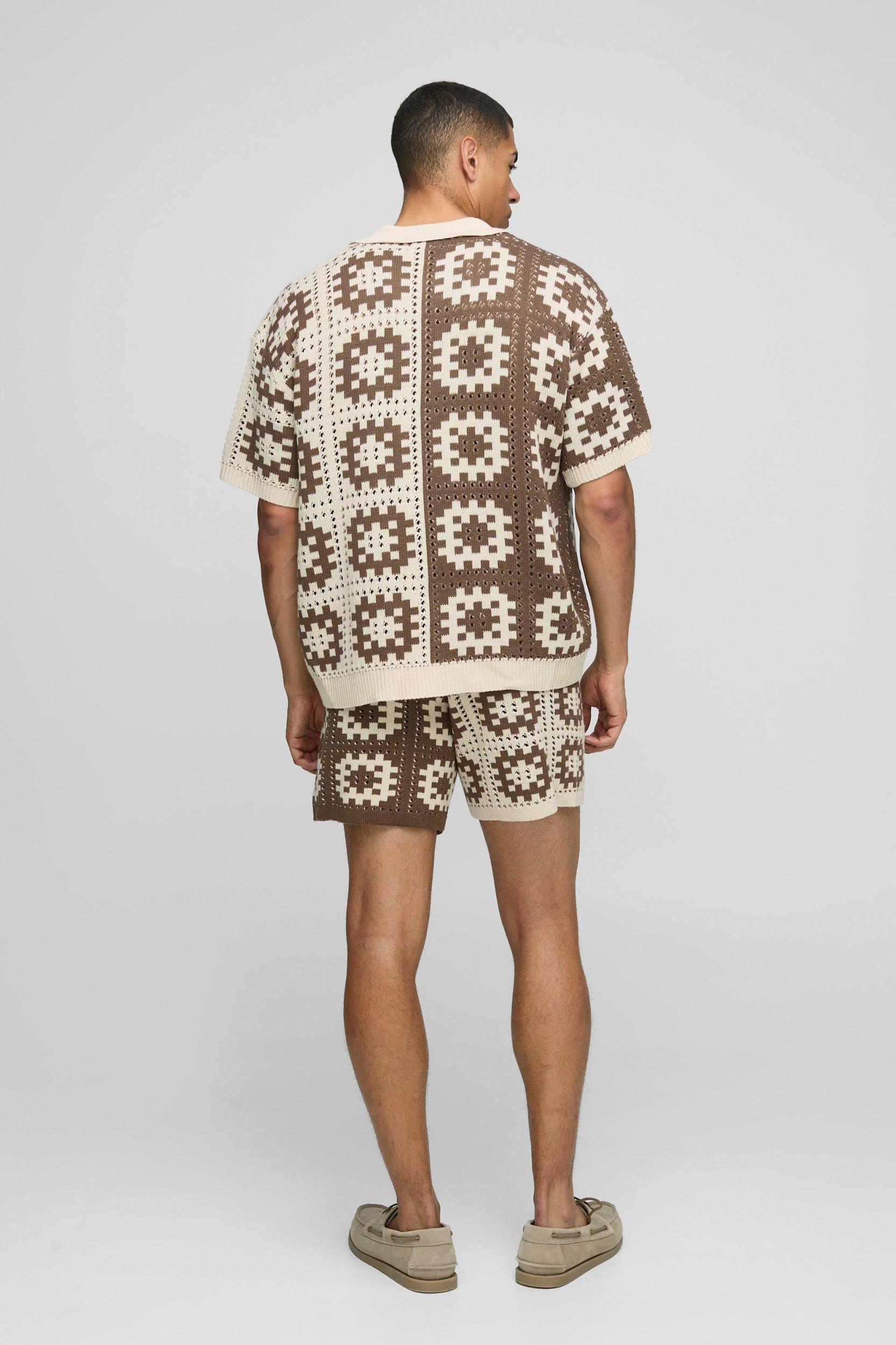 Oversized Boxy Crochet Knitted Polo | boohooMAN USA Product Image