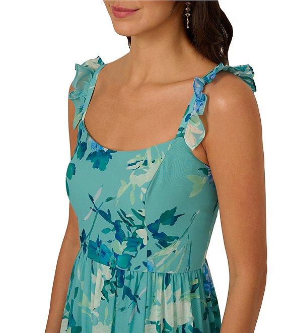 Adrianna Papell Floral Chiffon Square Neck Ruffle A-Line Maxi Dress Product Image