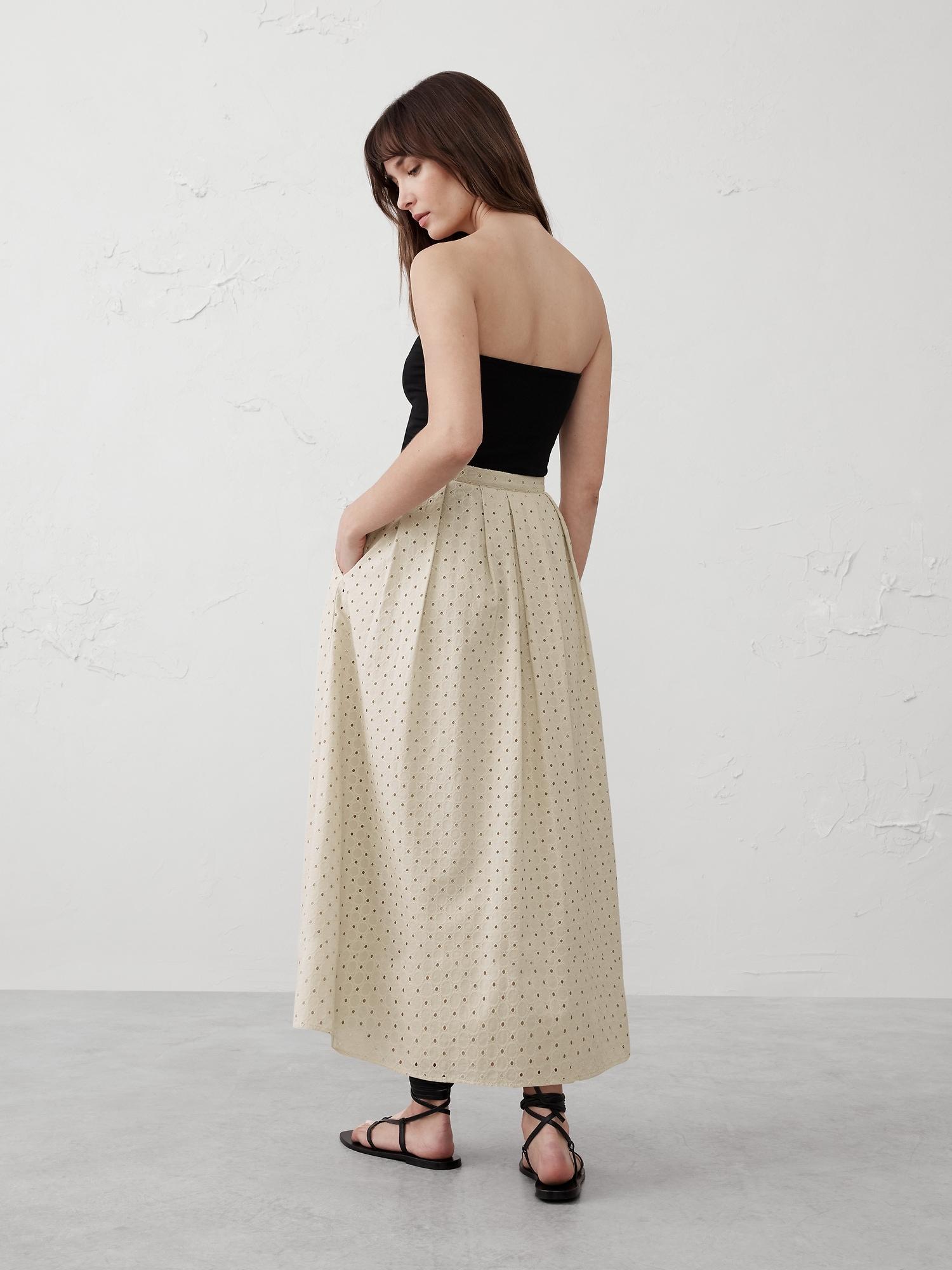 Pleated Eyelet Midi Skirt Product Image
