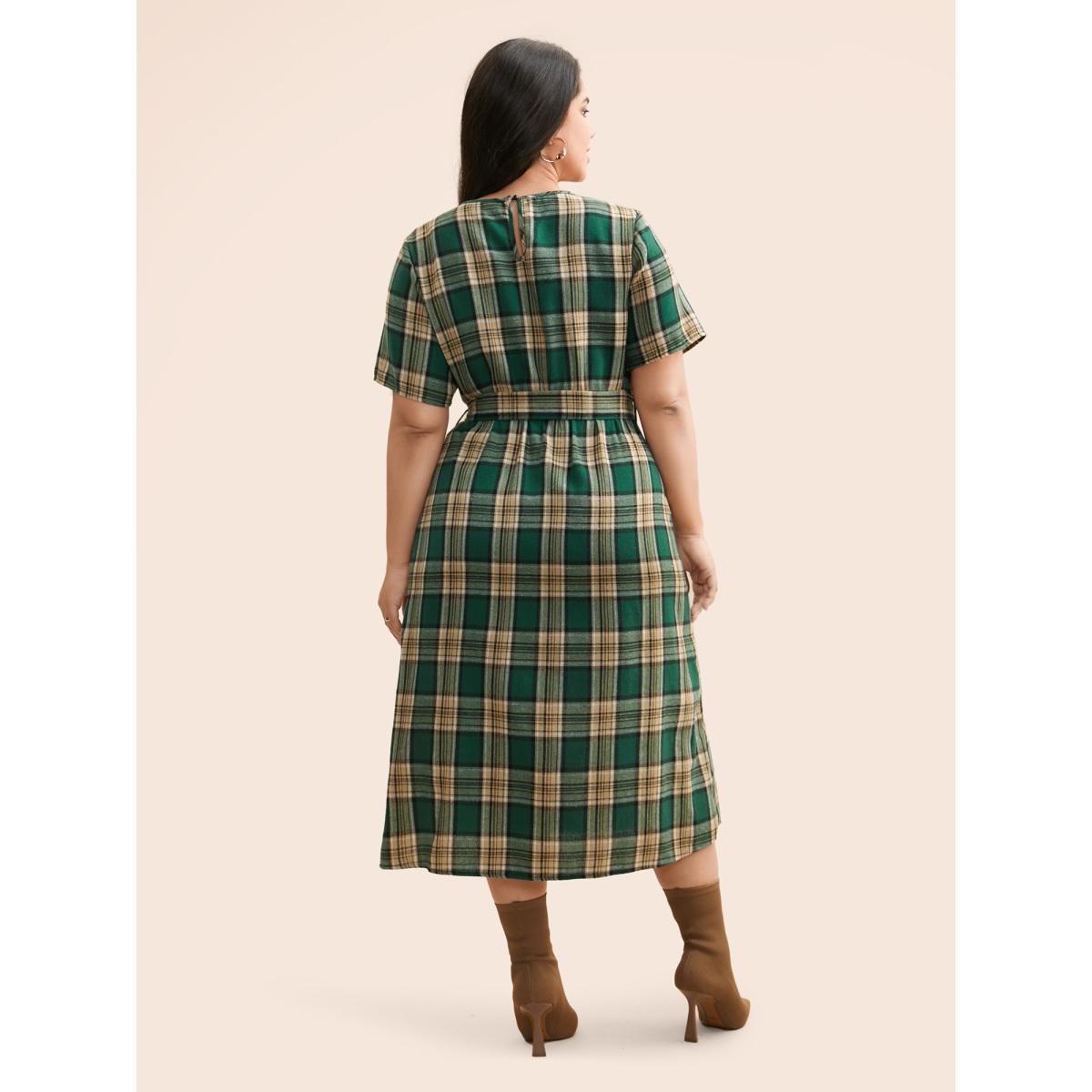 Plus Size Round Neck Plaid Belted Midi Dress DarkGreen Women Casual Belted Round Neck Short sleeve Curvy BloomChic 22-24/3X Product Image