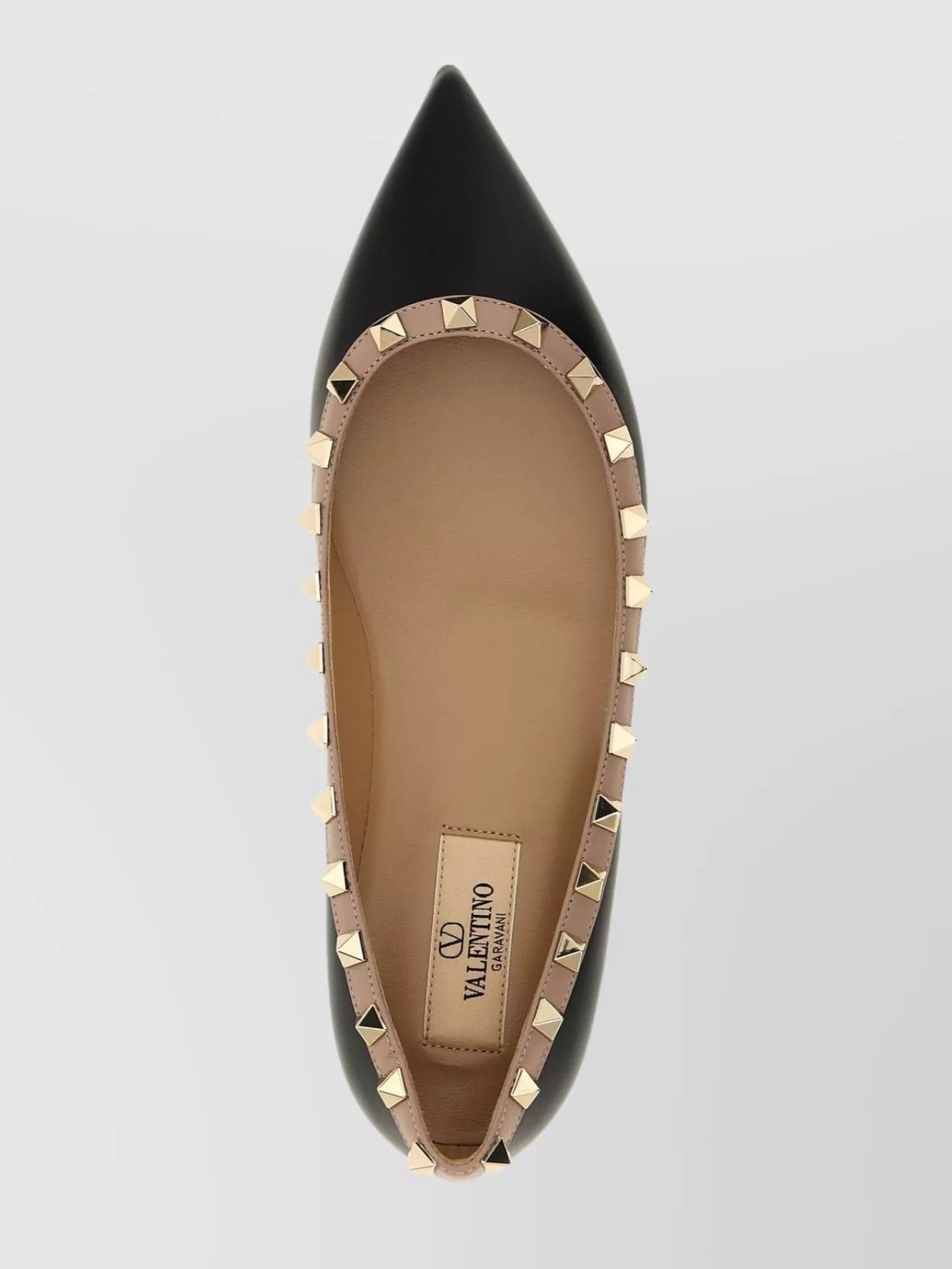 VALENTINO GARAVANI Pointed Toe Studded Trim Flat Sole Ballerina In Black Product Image