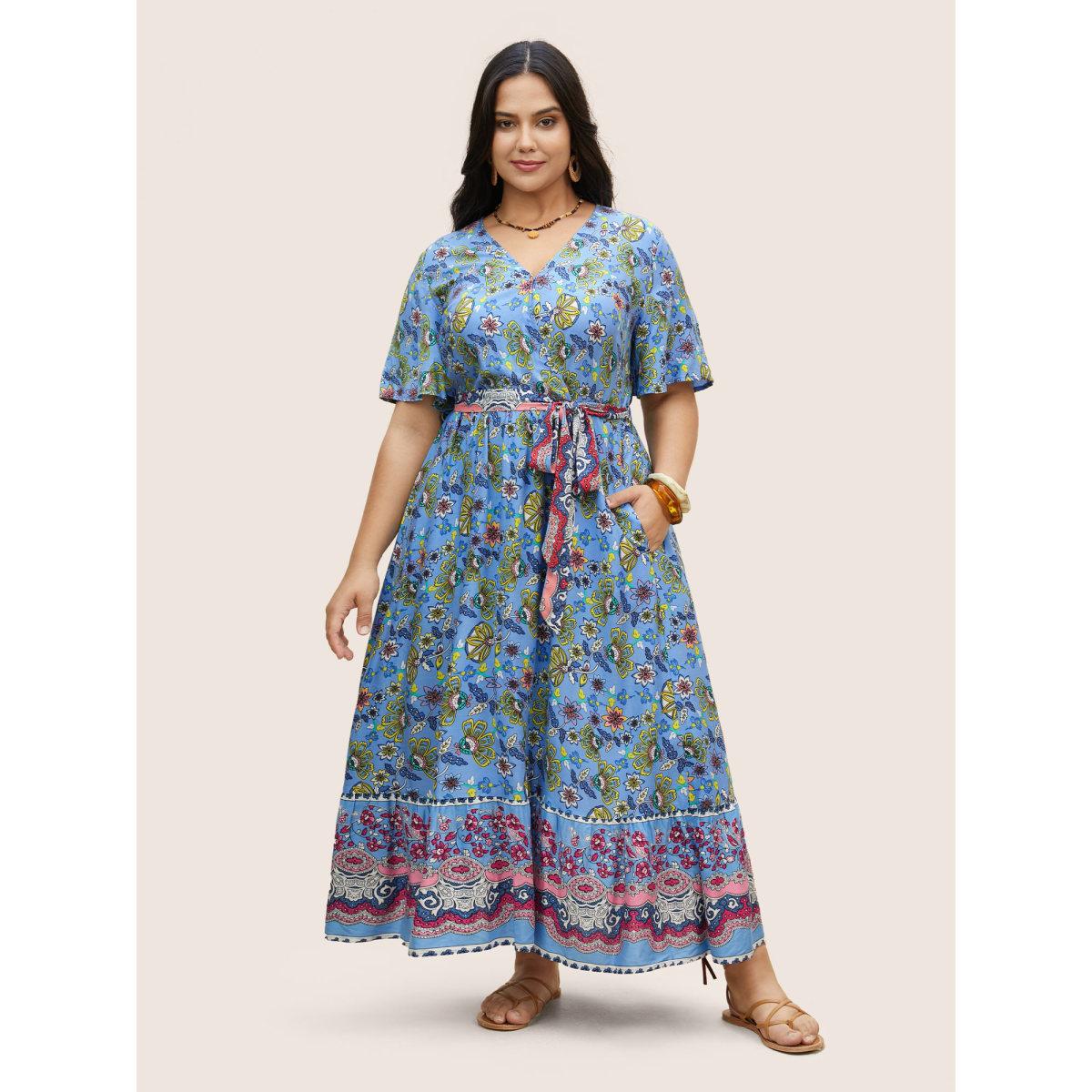 Plus Size Rayon Boho Print Overlap Collar Dress Mediumblue Women Resort Belted Overlap Collar Short sleeve Curvy BloomChic 18-20/2X Product Image