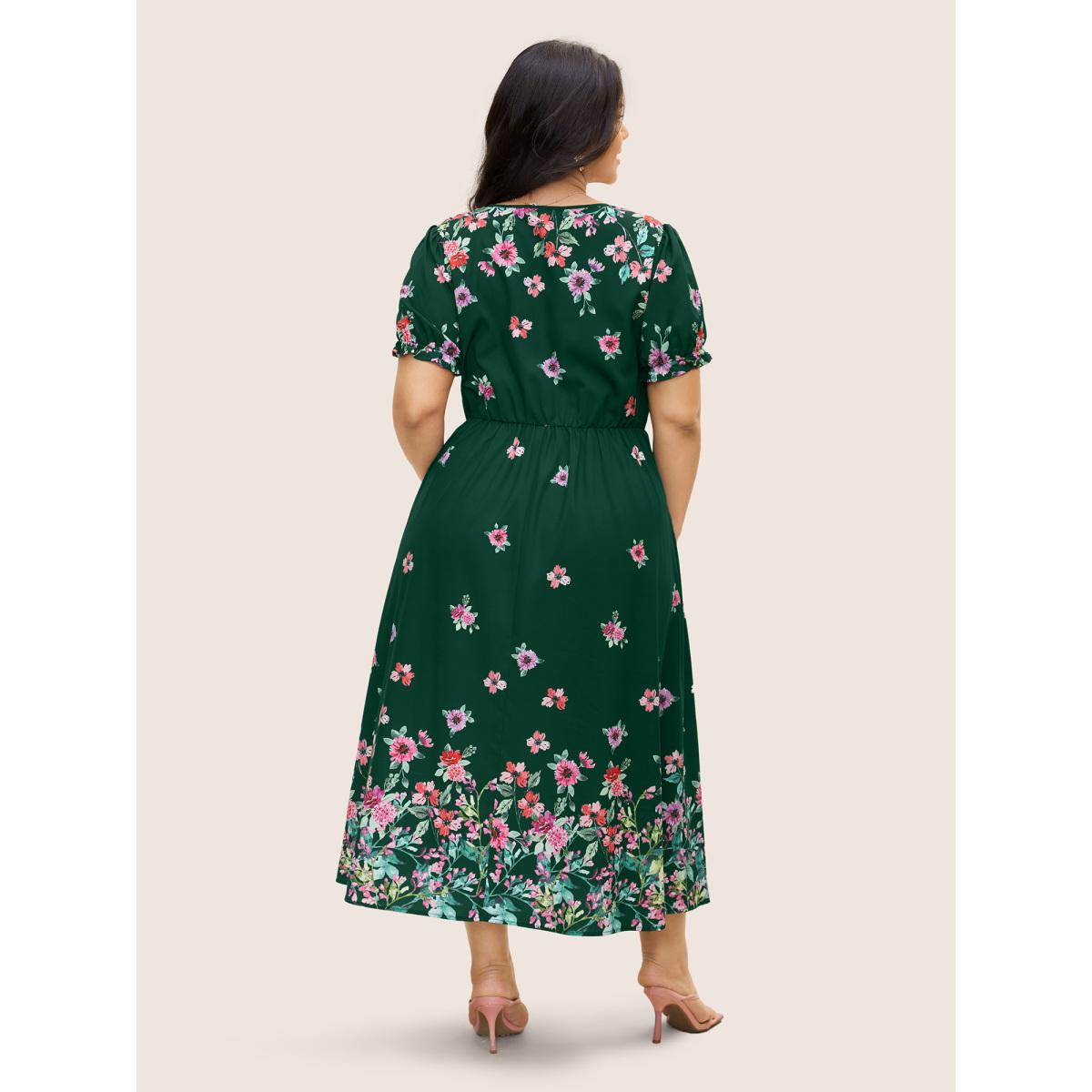Plus Size Boho Print V Neck Elastic Waist Dress DarkGreen Women Elegant Gathered V-neck Short sleeve Curvy BloomChic 18-20/2X Product Image
