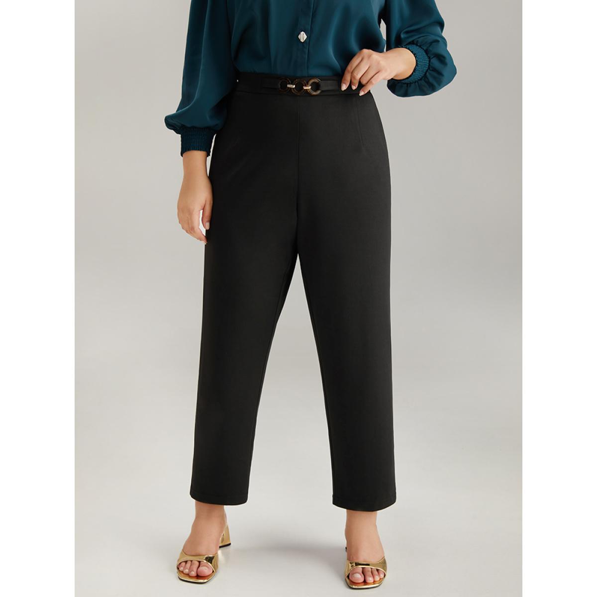 Plus Size Plain Pocket Buckle Detail Elastic Waist Pants Women Black Office Bodycon High Rise Office Pants BloomChic 26/4X Product Image
