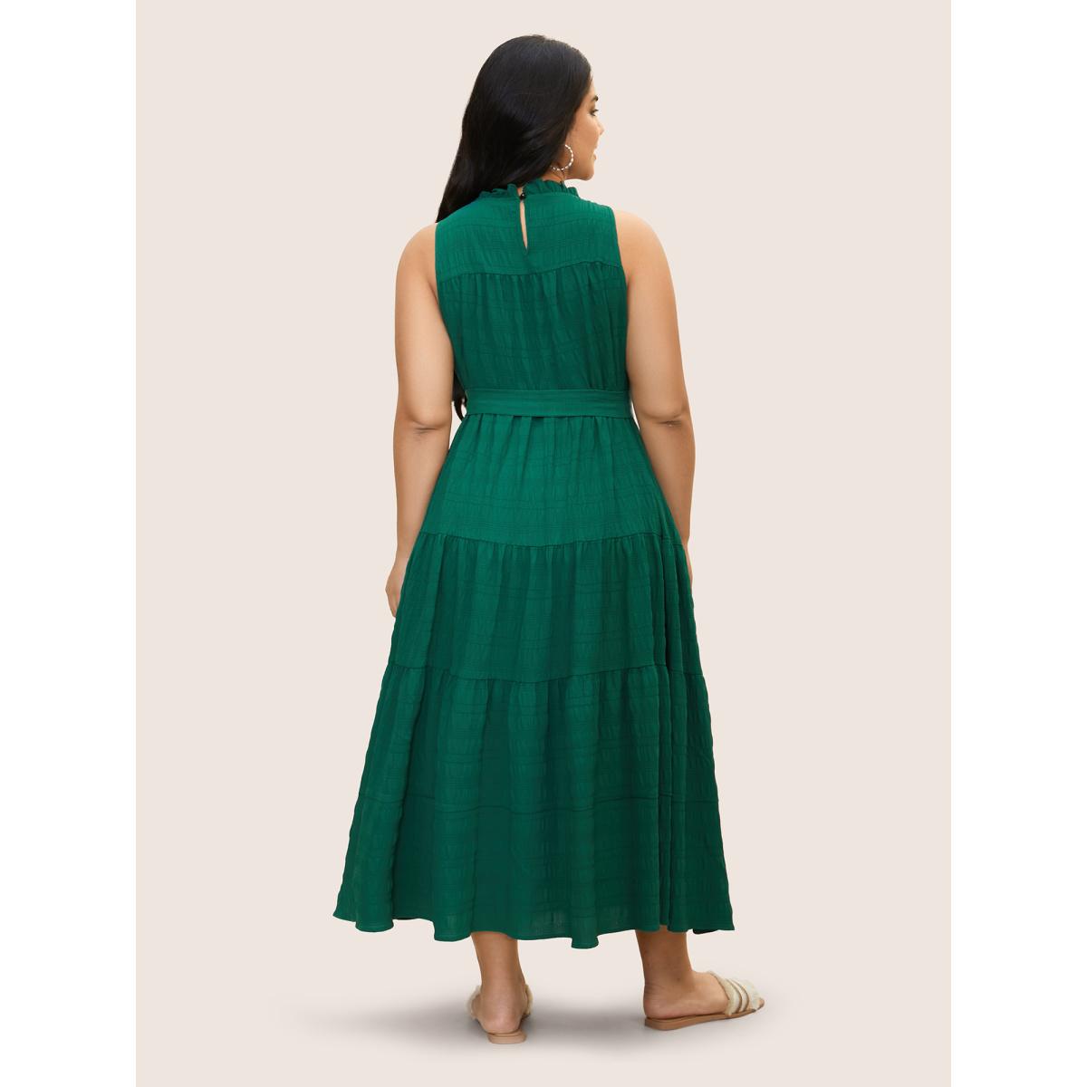 Plus Size Plain Textured A-line Frill Trim Dress Emerald Women Resort Texture Mock Neck Sleeveless Curvy BloomChic 18-20/2X Product Image