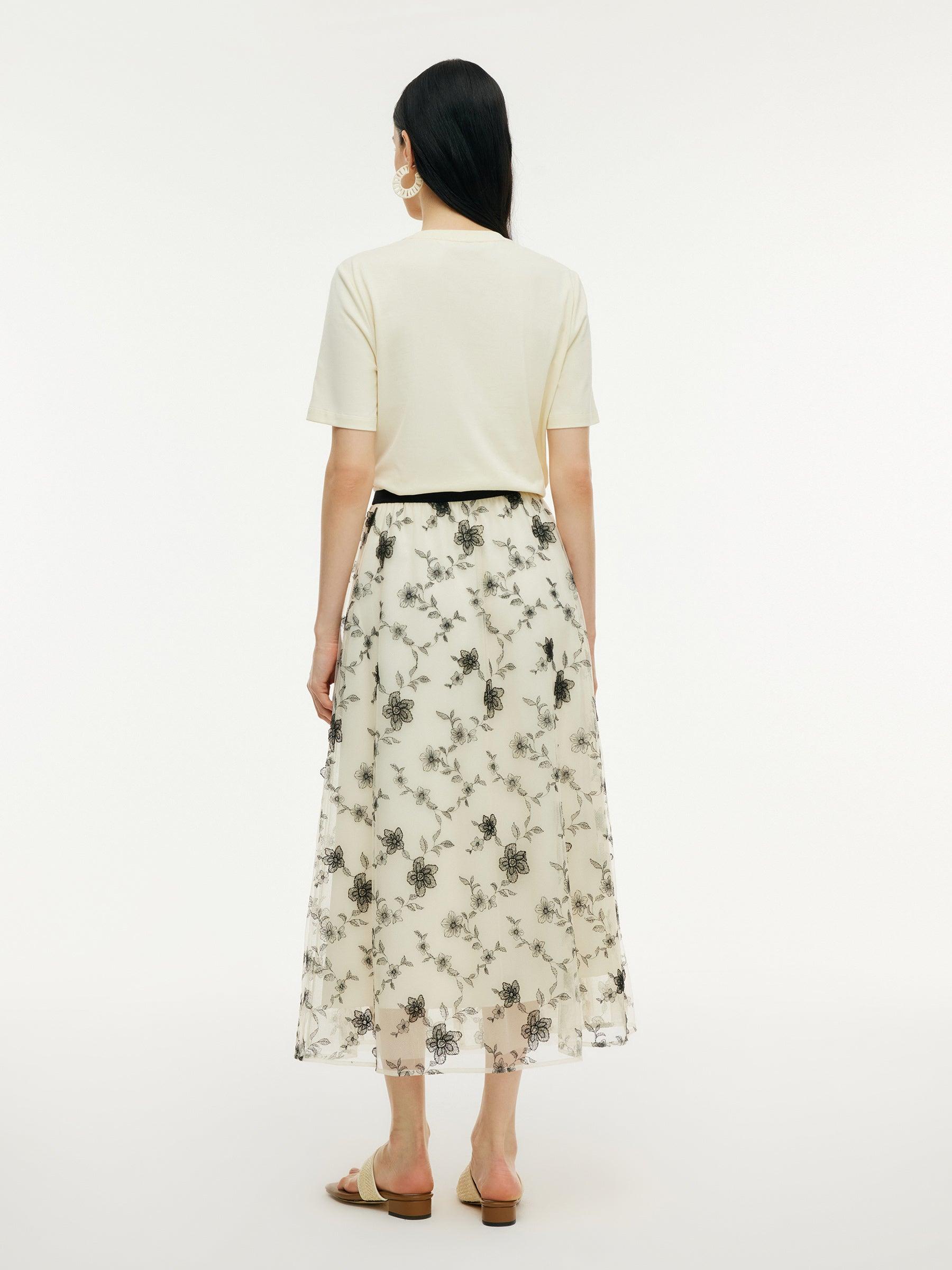 Floral Embroidered Women Elastic Waist Mesh Skirt Product Image