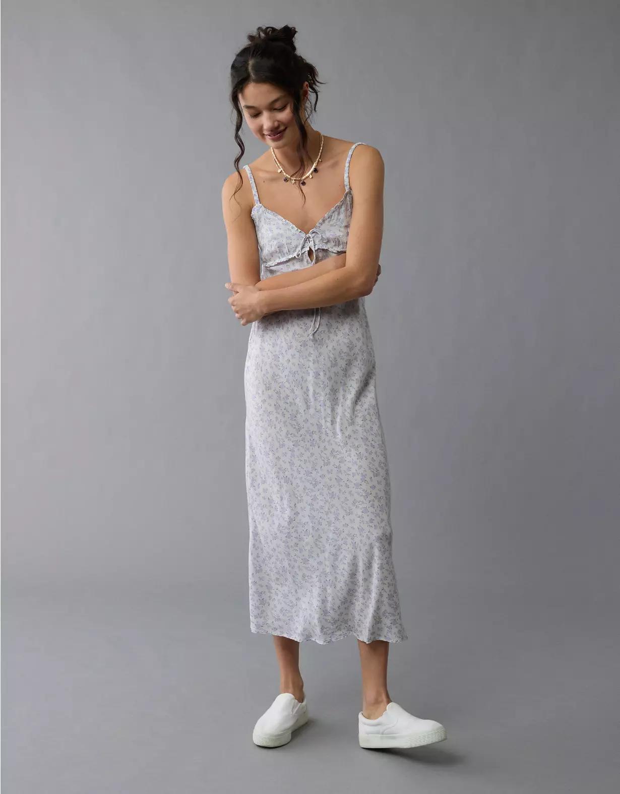AE V-Neck Ruffle Midi Slip Dress Product Image