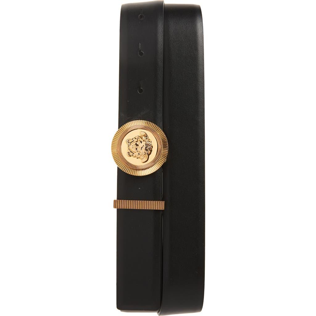 VERSACE Medusa Streamlined Leather Belt With Adjustable Length And Gold-tone Buckle In Black Product Image