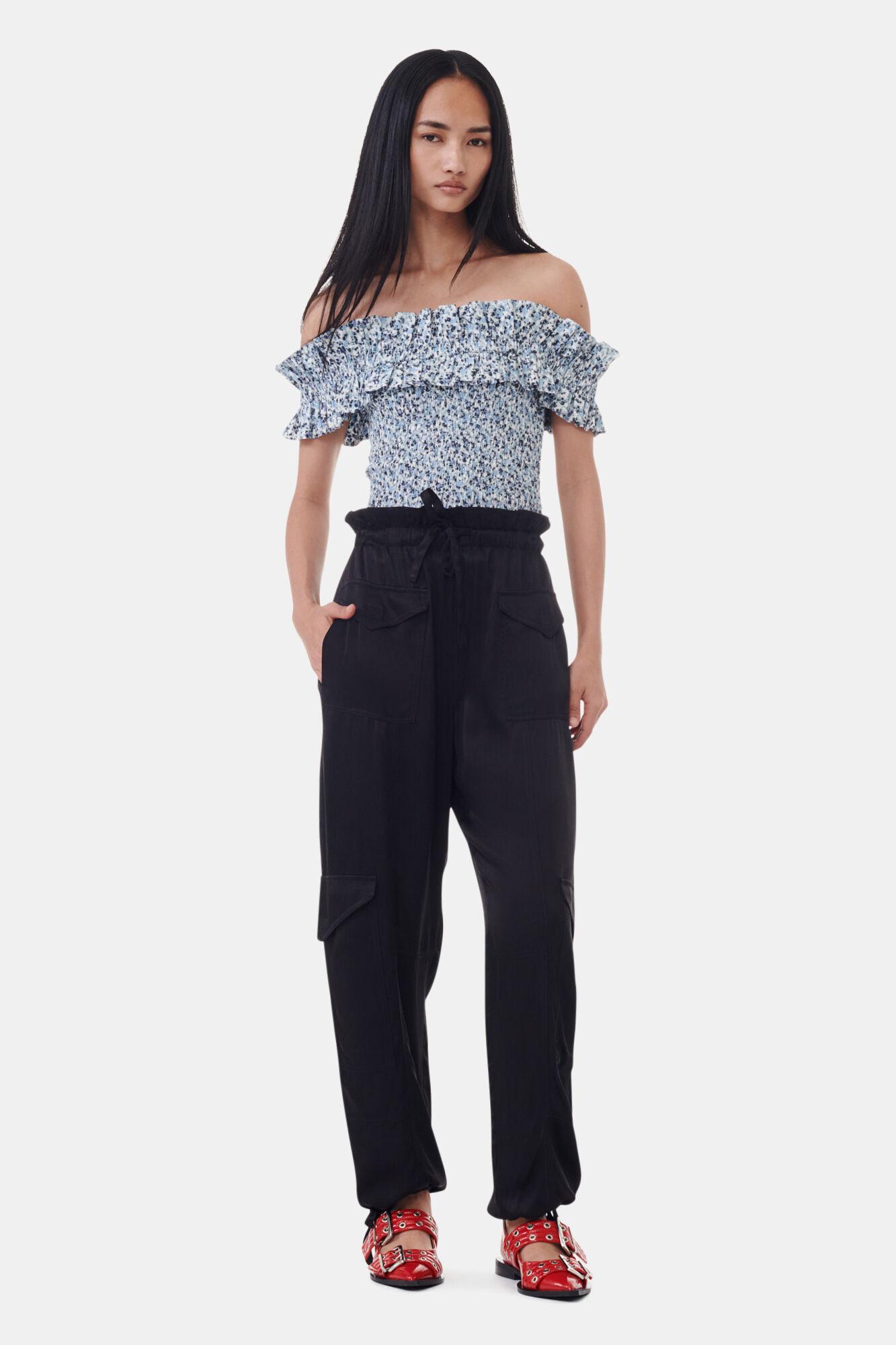 Blue Floral Printed Cotton Off-shoulder Smock Top Product Image