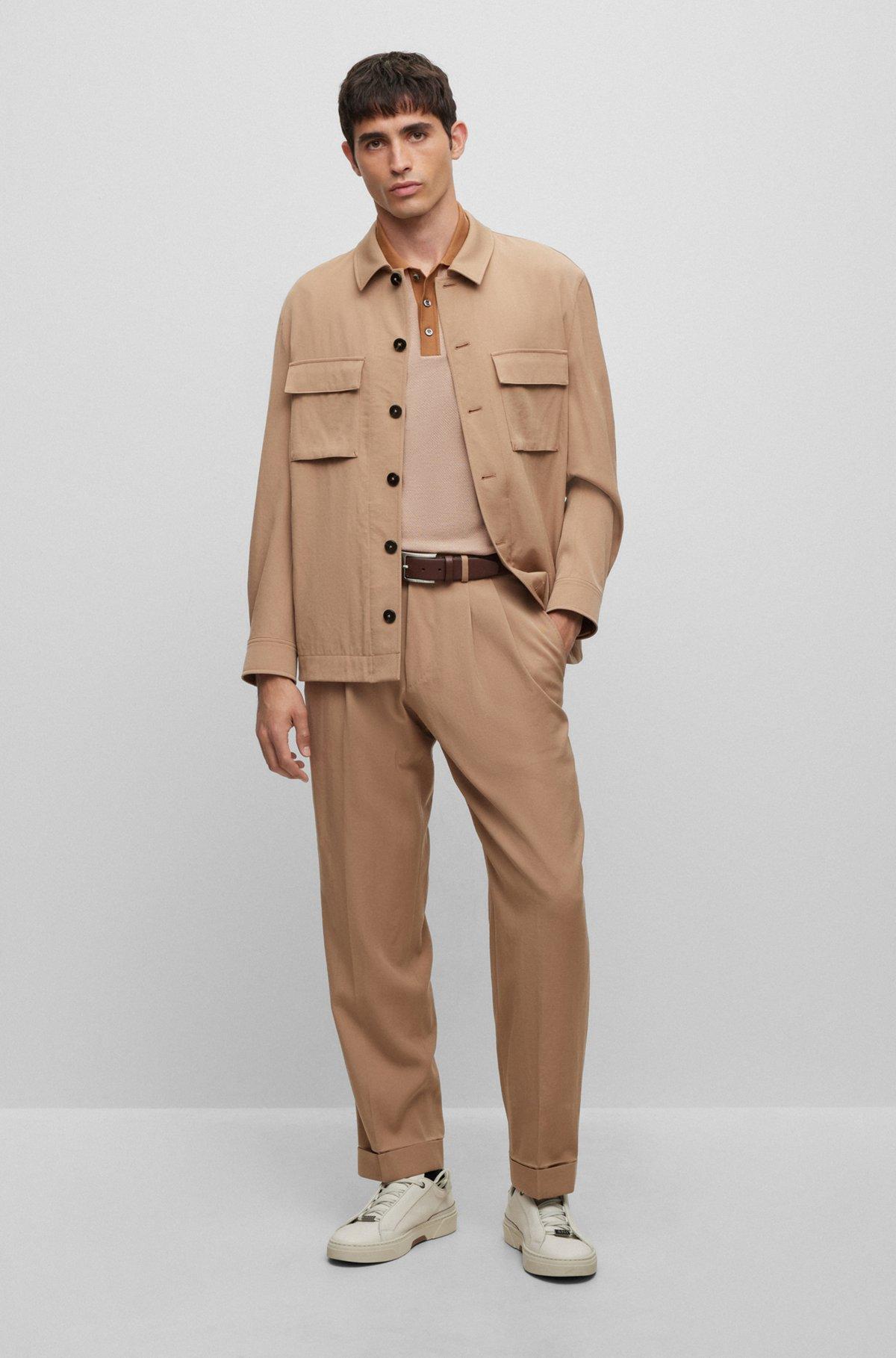 BOSS - Slim-fit polo shirt in structured cotton and silk - Beige Product Image