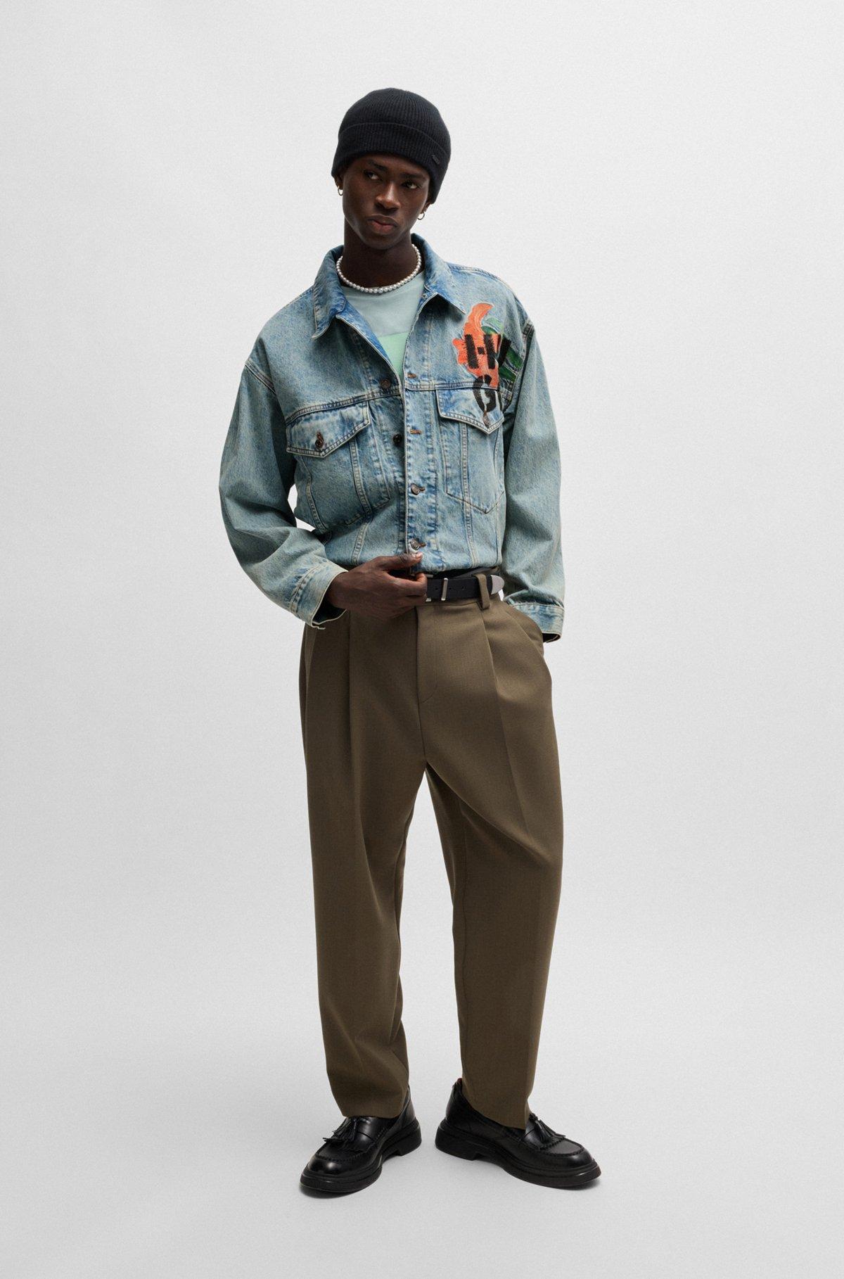 Regular-fit jacket in rigid denim with logo prints Product Image