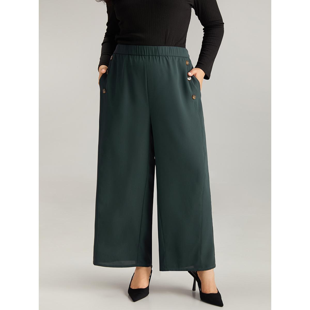 Plus Size Anti-Wrinkle Plain Button Detail Wide Leg Pants Women DarkGreen Office Wide Leg High Rise Work Pants BloomChic 14-16/1X Product Image