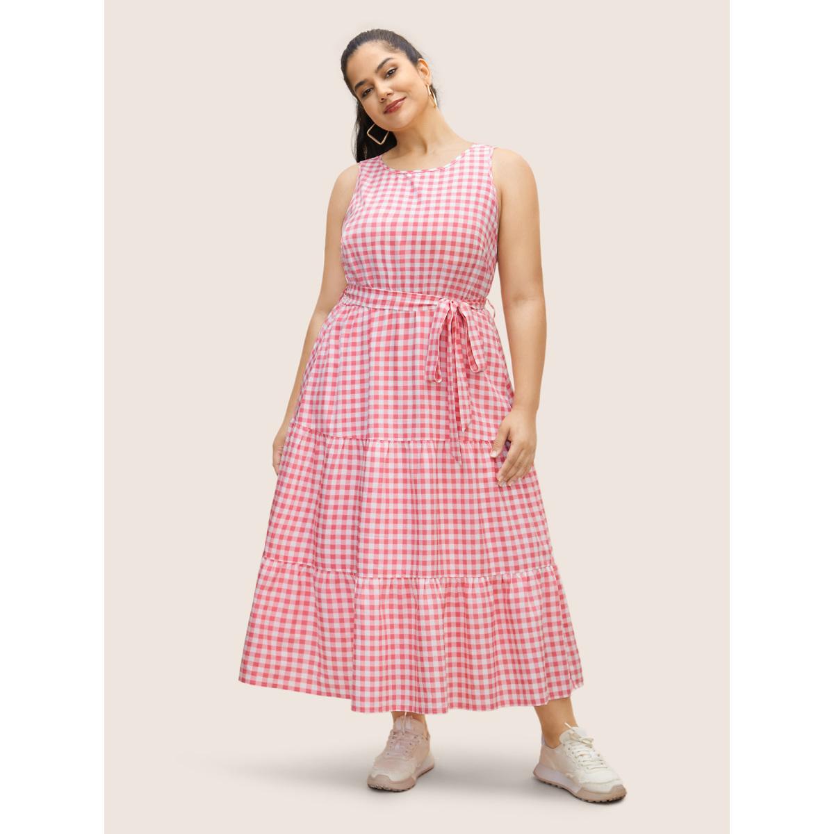 Plus Size Gingham Elastic Waist Sleeveless Maxi Dress Blush Women Casual Belted Round Neck Sleeveless Curvy BloomChic 10/M Product Image