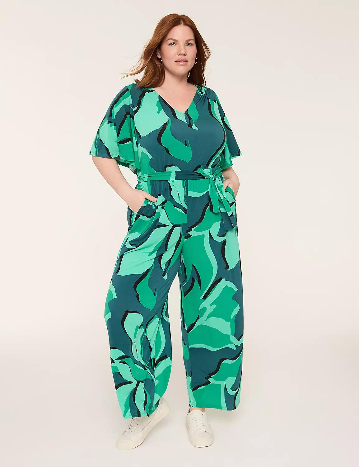 Flutter-Sleeve V-Neck Wide Leg Jersey Jumpsuit Product Image