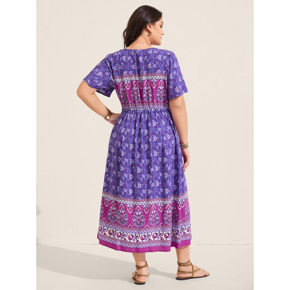 Plus Size Rayon Floral Print Color Contrast Midi Dress BlueViolet Women Boho V-neck Short sleeve Curvy BloomChic 10/M Product Image
