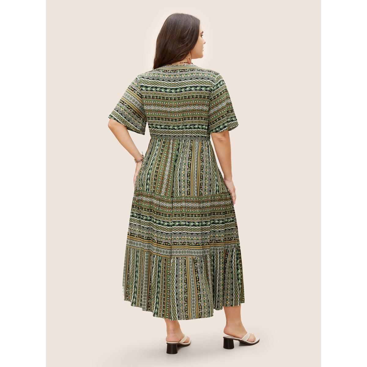 Plus Size Rayon Bandana Print Ruffle Layered Hem Dress Black Women Resort Ruffles Notched collar Short sleeve Curvy BloomChic 18-20/2X Product Image