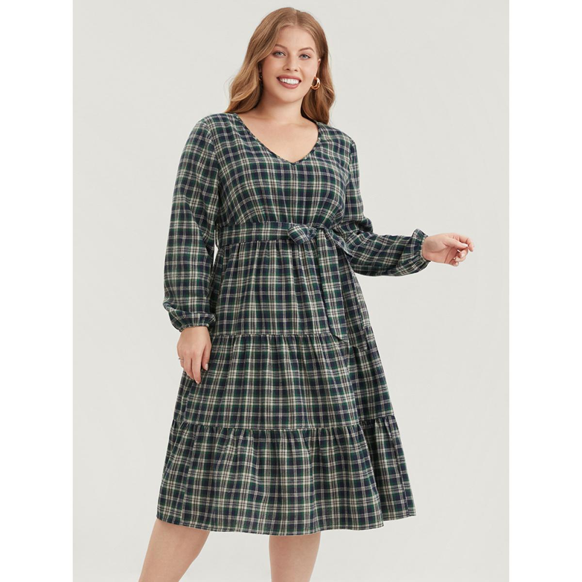Plus Size Tartan Pocket Belted Lantern Sleeve Ruffle Tiered Dress Emerald Women Casual V-neck Long Sleeve Curvy Midi Dress BloomChic 28/5X Product Image