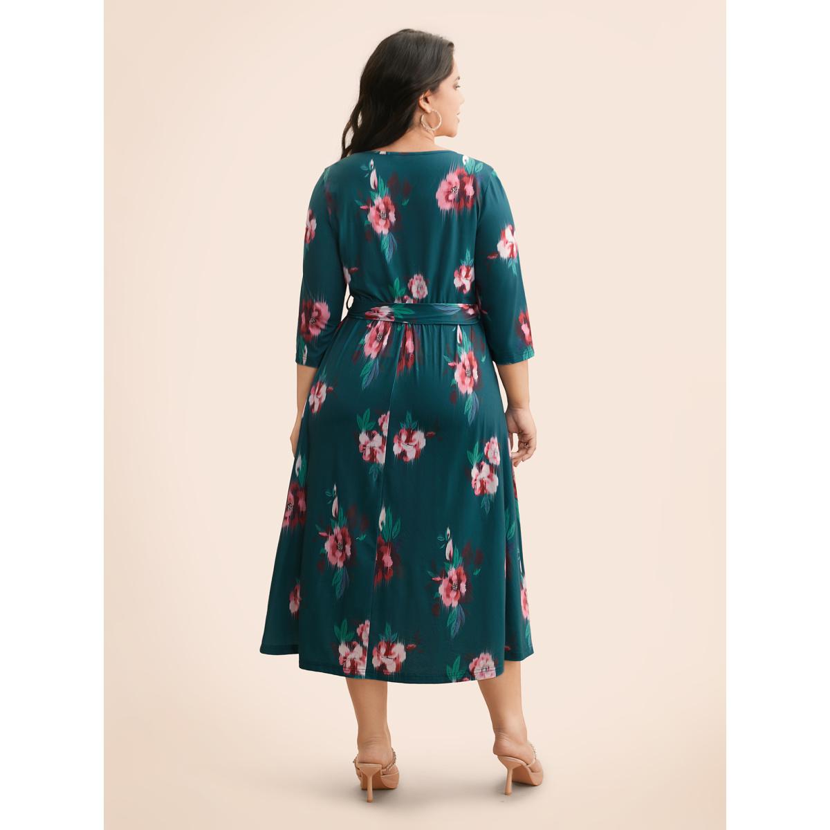 Plus Size Overlap Collar Floral Midi Dress Emerald Women Elegant Belted Overlap Collar Elbow-length sleeve Curvy BloomChic 26/4X Product Image
