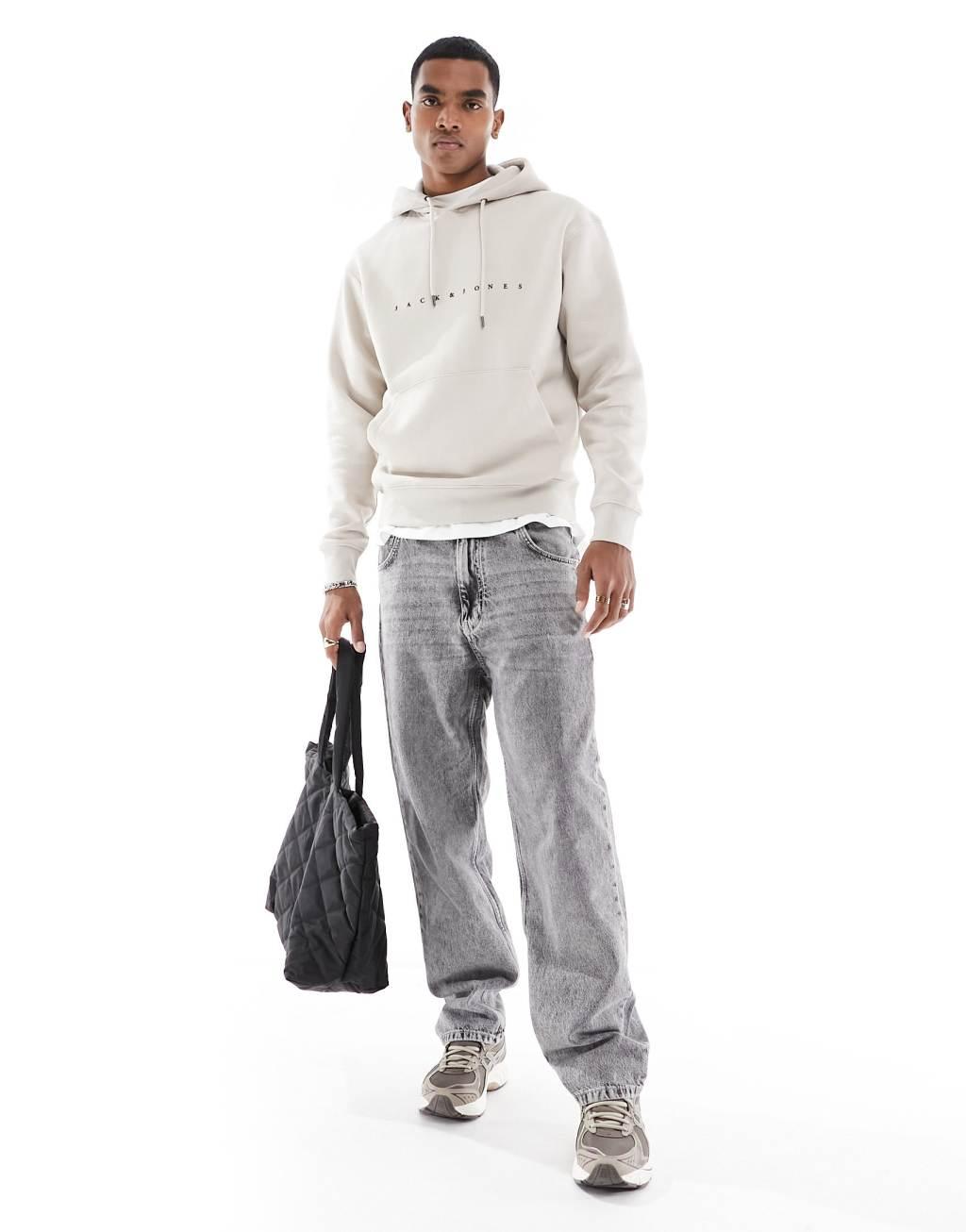 Jack & Jones oversize hoodie with chest logo in beige Product Image