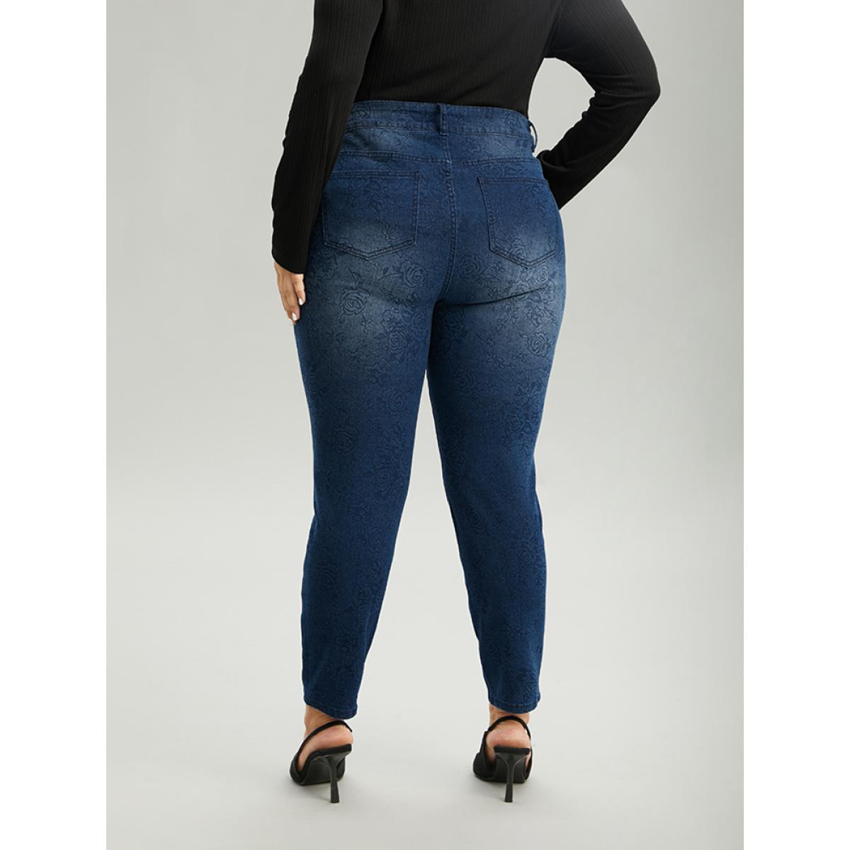 Plus Size Very Stretchy Rose Print Dark Wash Jeans Women DarkBlue Casual Floral Zipper High stretch Pocket Jeans BloomChic 14/1X Product Image